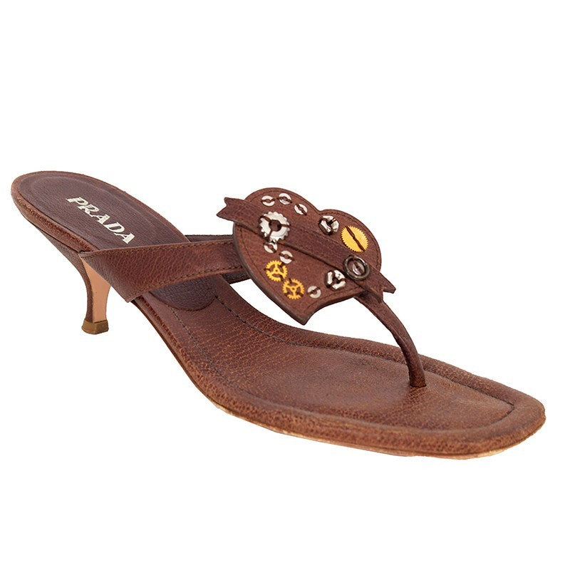 Prada Vintage Brown Grained Leather Heart Accent Kitten Heel Sandals