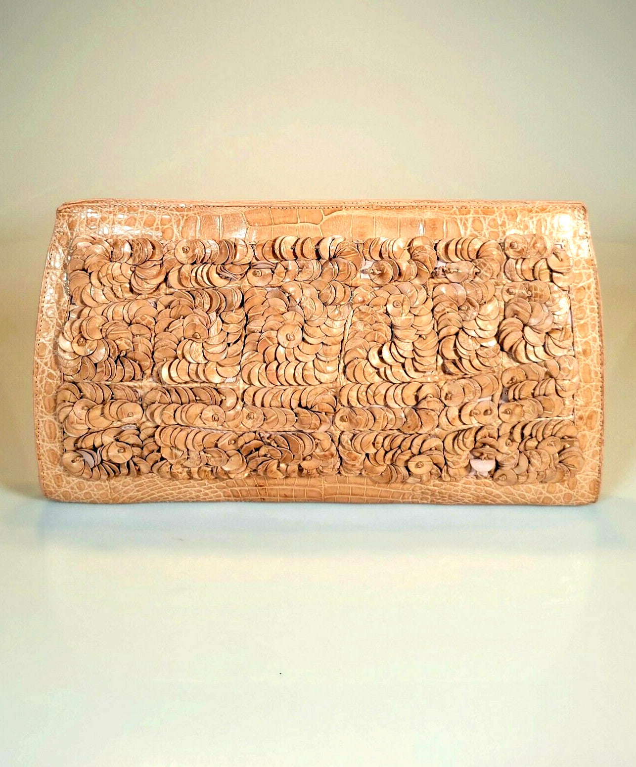 Nancy Gonzalez Embellished Caiman Leather Clutch in Brown and Tan