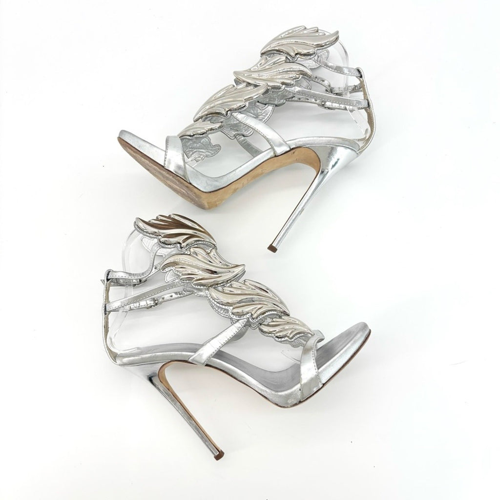 Giuseppe Zanotti Cruel Coline Silver Metal Wing Strappy Stiletto Sandals 38