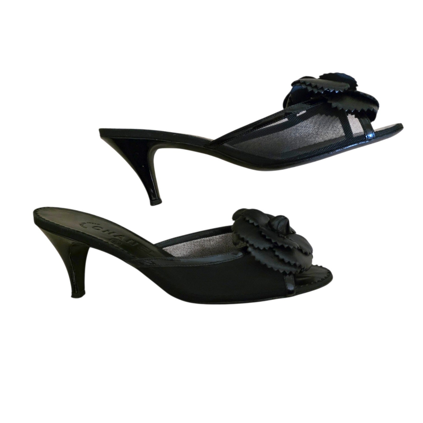Chanel Mesh Camellia Flower Mules, Black Peep Toe Heels