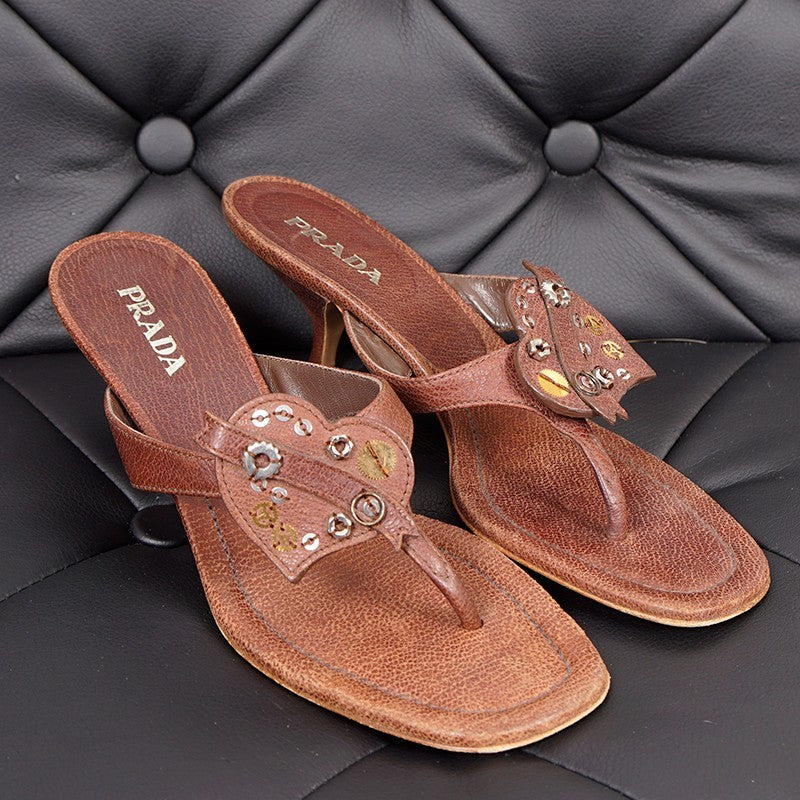Prada Vintage Brown Grained Leather Heart Accent Kitten Heel Sandals