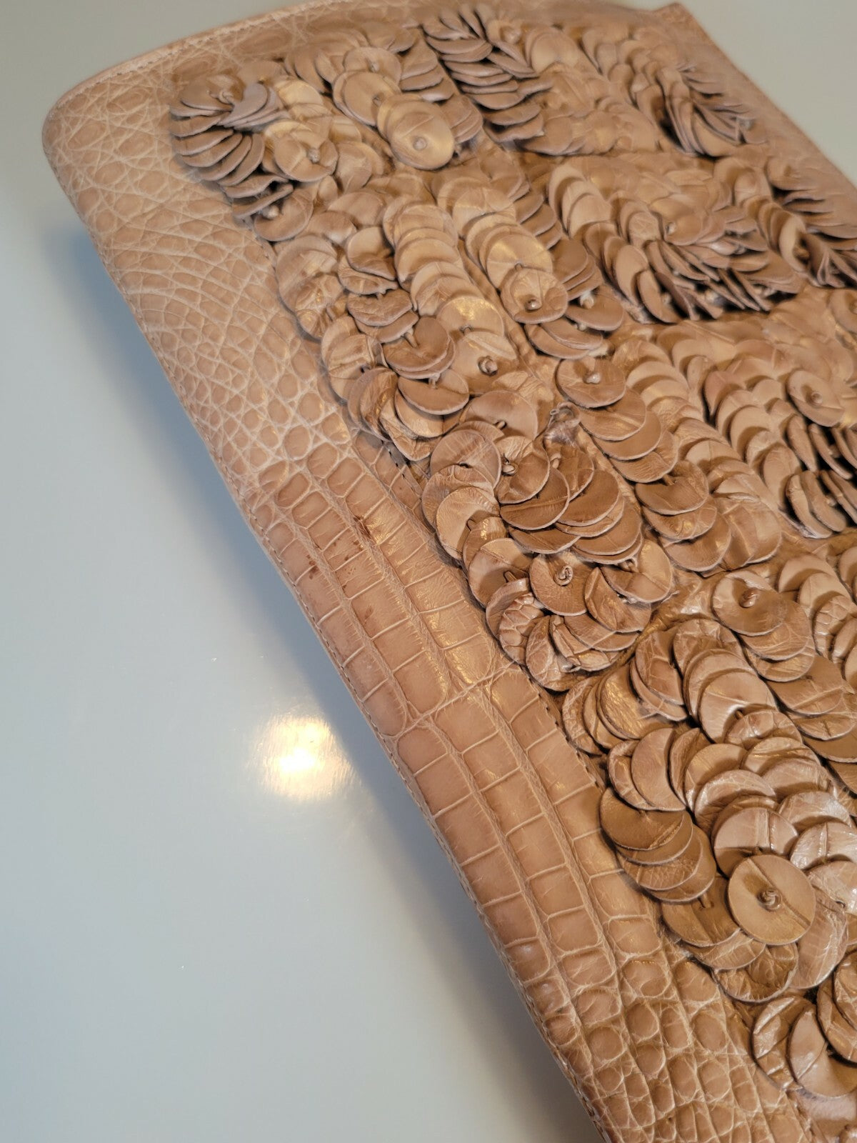 Nancy Gonzalez Embellished Caiman Leather Clutch in Brown and Tan