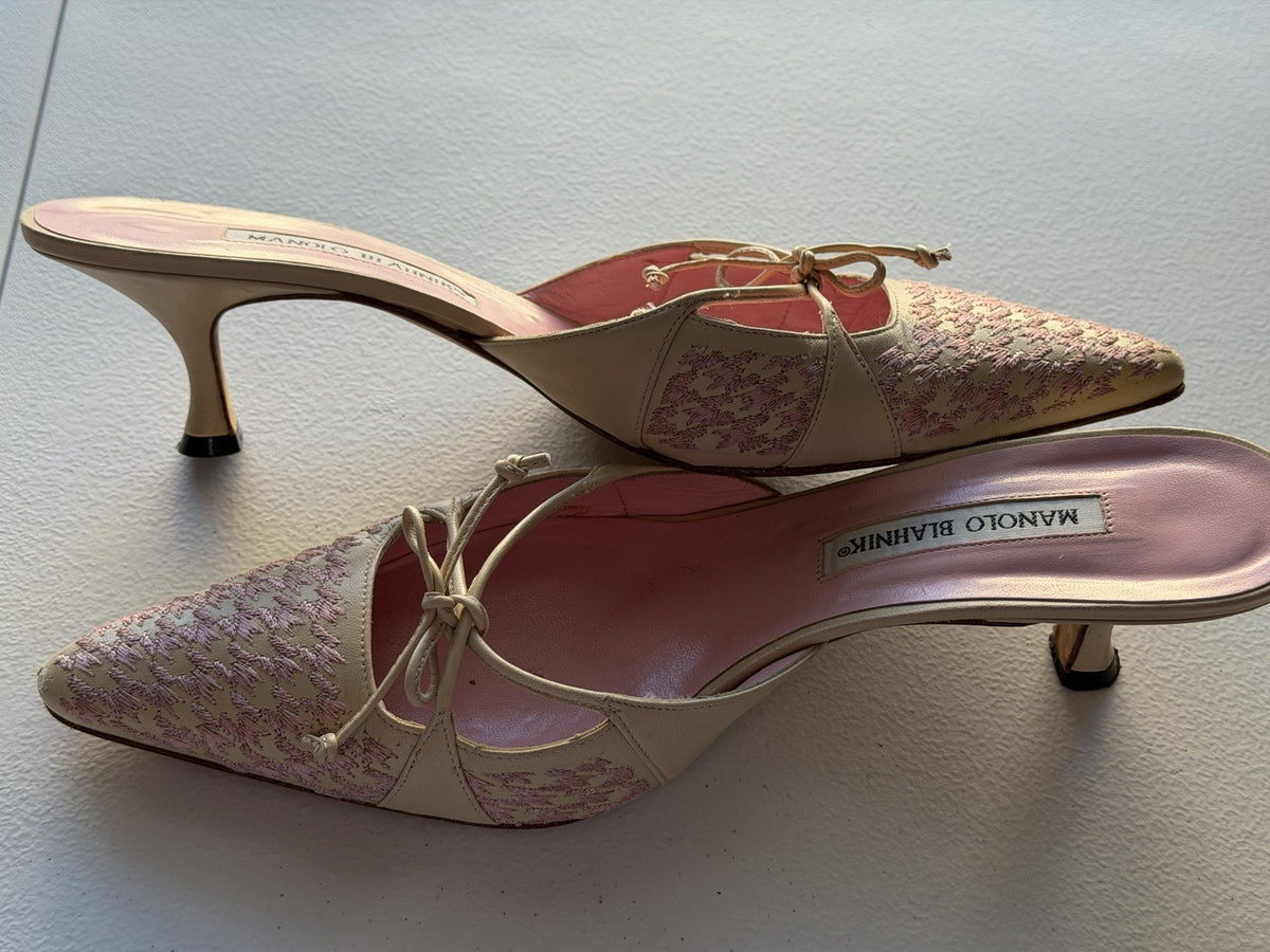 Vintage Manolo Blahnik Beige Pink Houndstooth Pointed Y2K Bow Mule Kitten