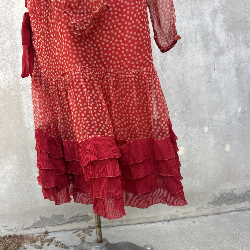 Marjone 1920s Red Silk Chiffon Polka Dot Dress