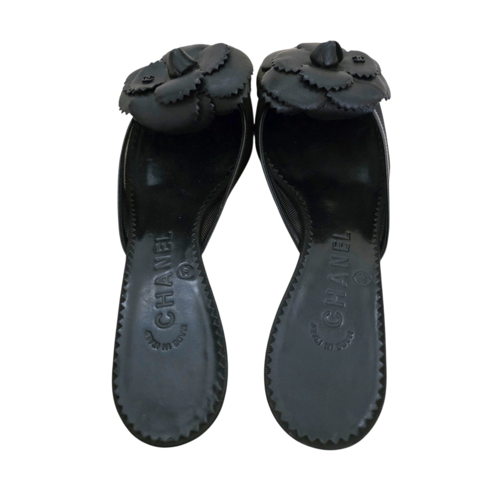 Chanel Mesh Camellia Flower Mules, Black Peep Toe Heels