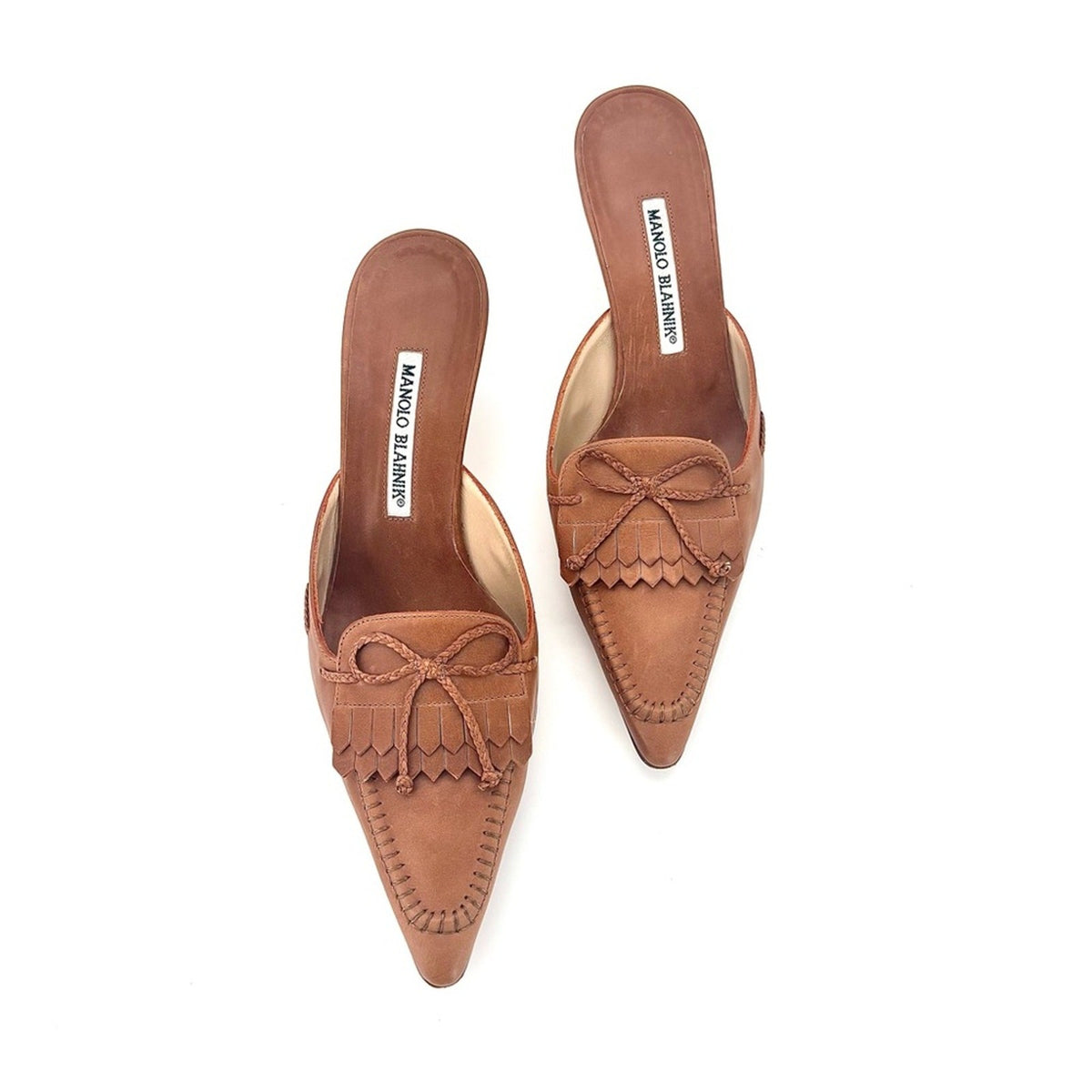 Manolo Blahnik Bow Fringe Pointed Toe Kitten Heel Mules