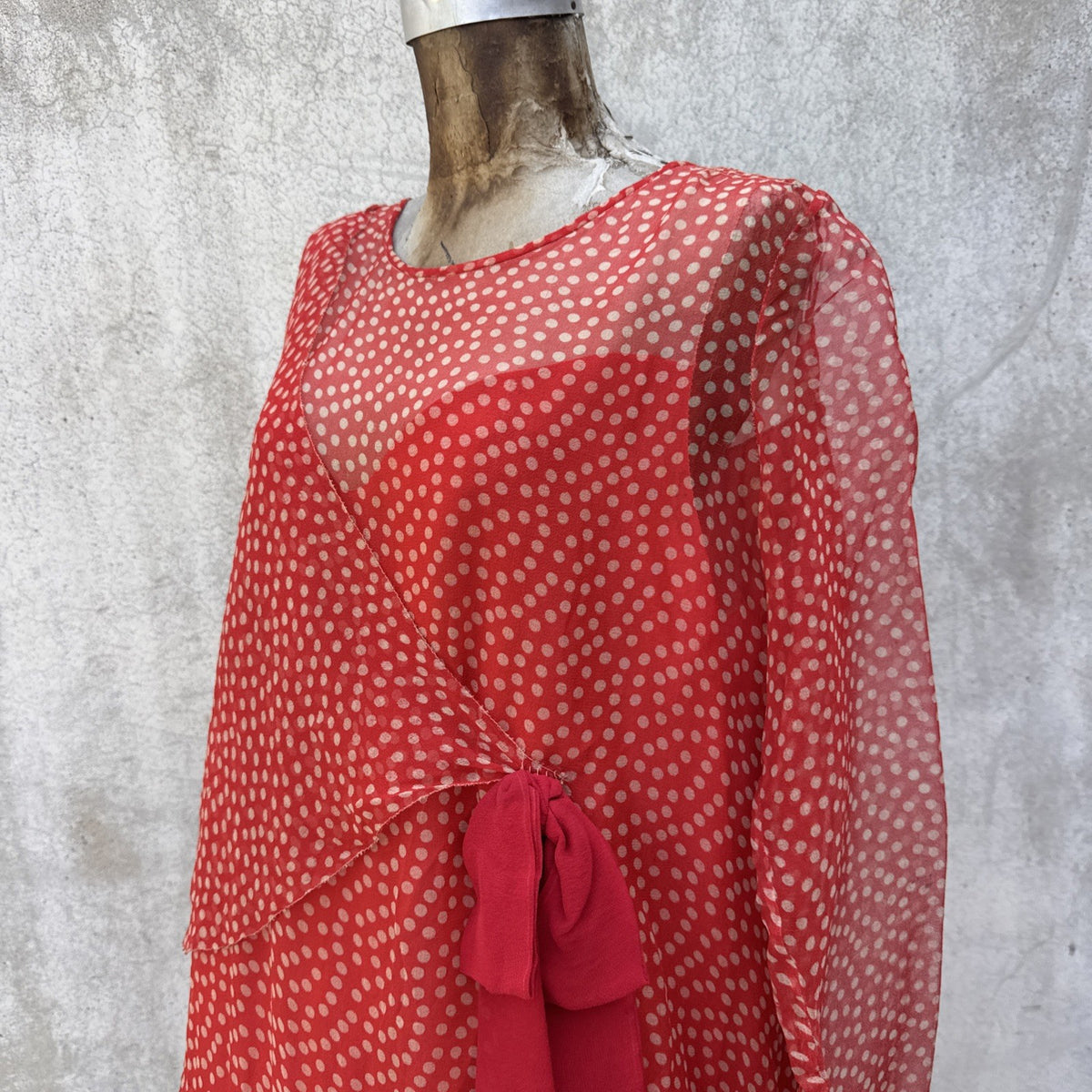 Marjone 1920s Red Silk Chiffon Polka Dot Dress