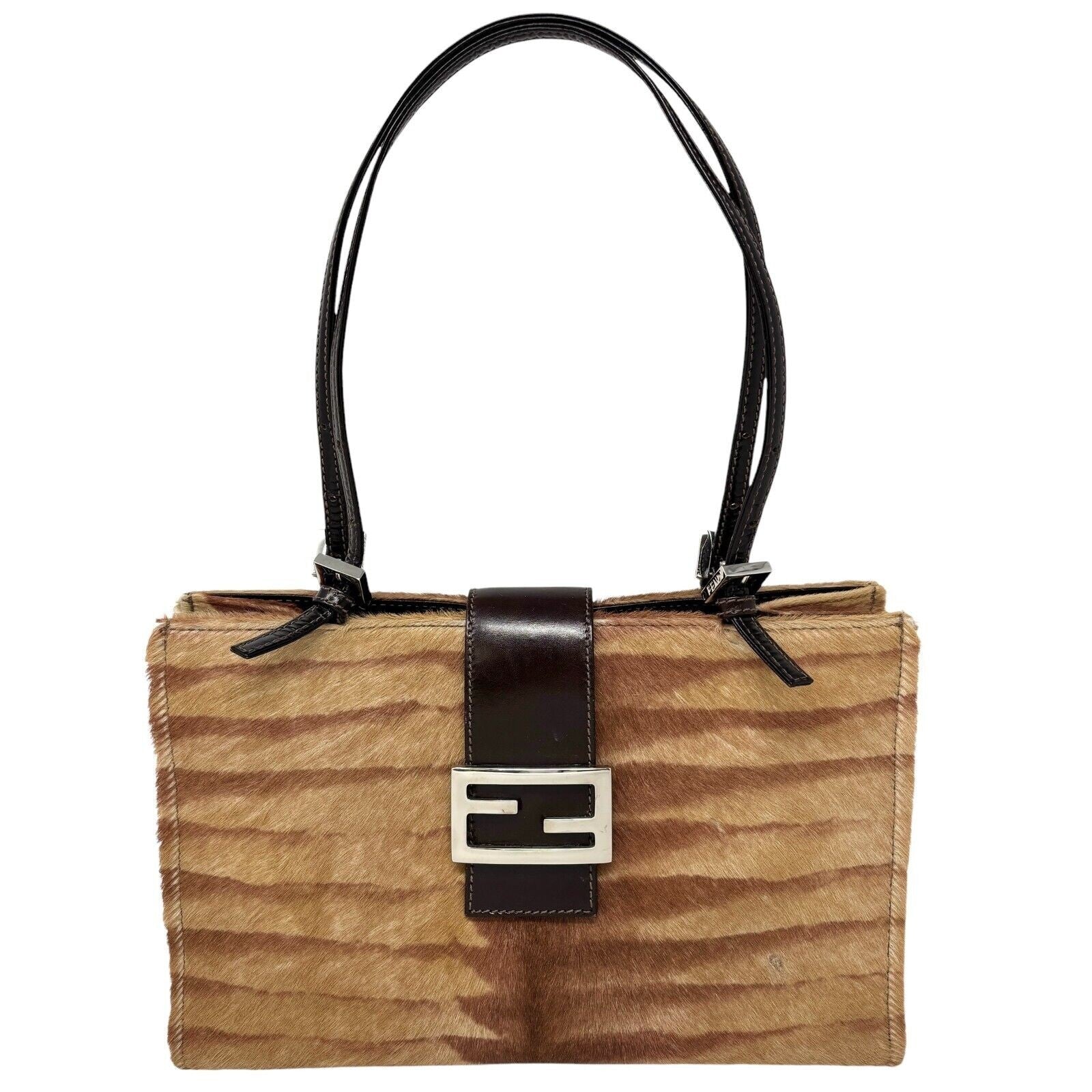 Fendi Vintage FF Logo Calf Hair Shoulder Bag, Brown & Silver