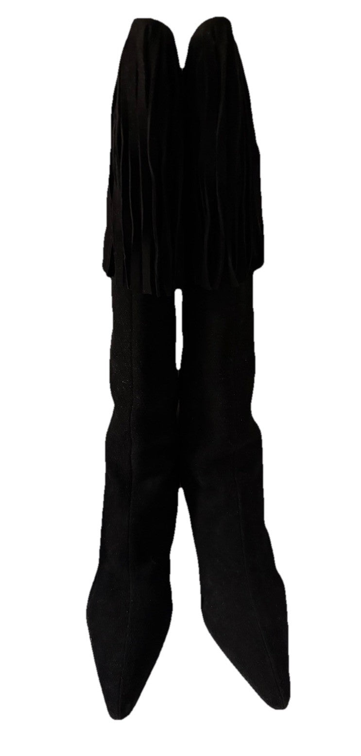 Manolo Blahnik Black Suede Knee-High Boots with Fringe Trim