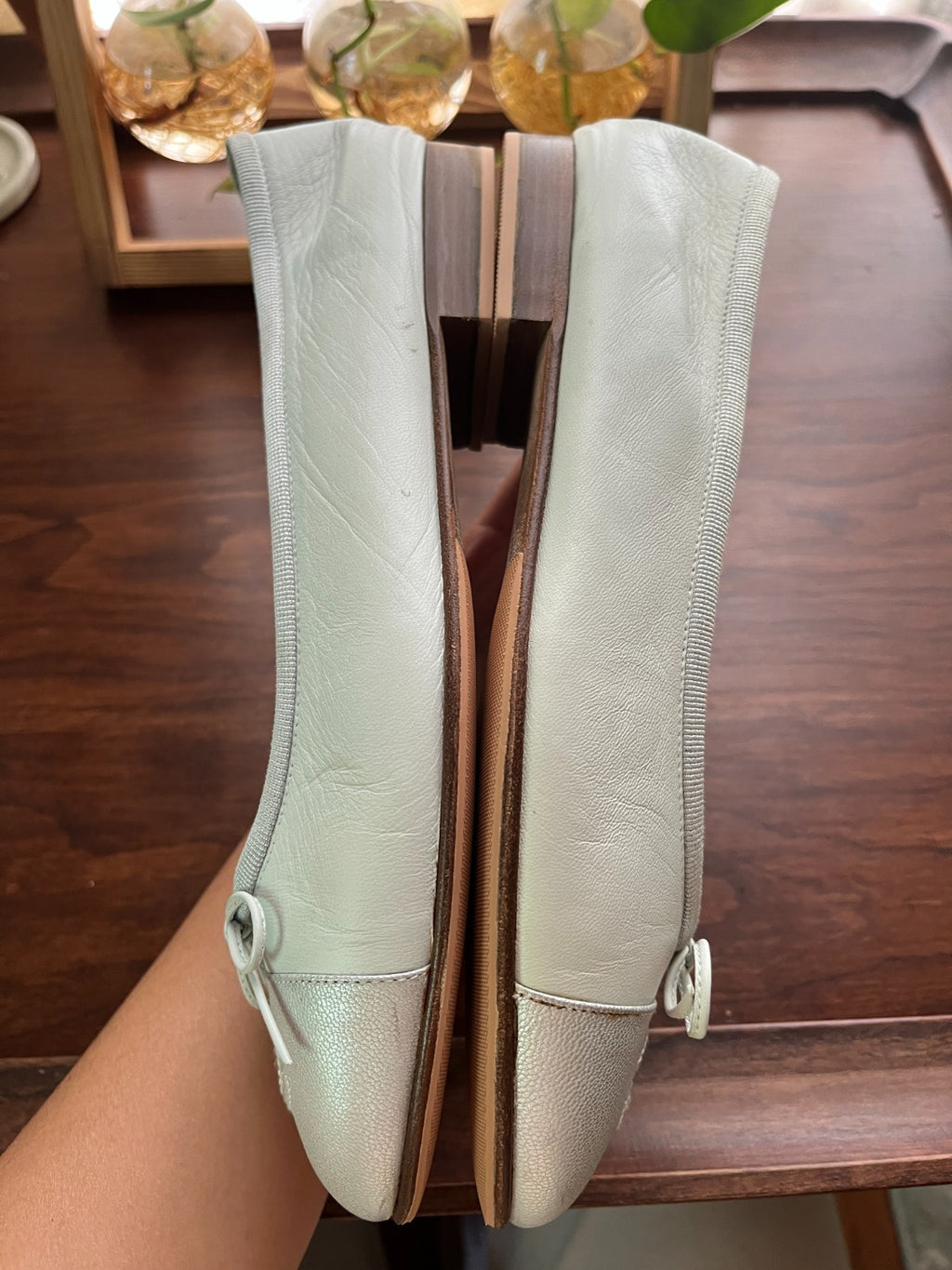 Chanel Ballet Flats, Plaster White with Mint and Silver Toe