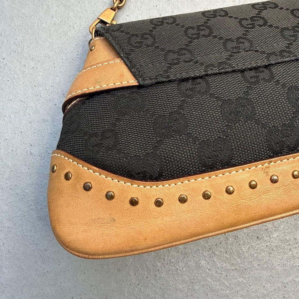 Gucci Tom Ford Era Horsebit GG Canvas Chain Clutch Shoulder Bag, Black & Beige