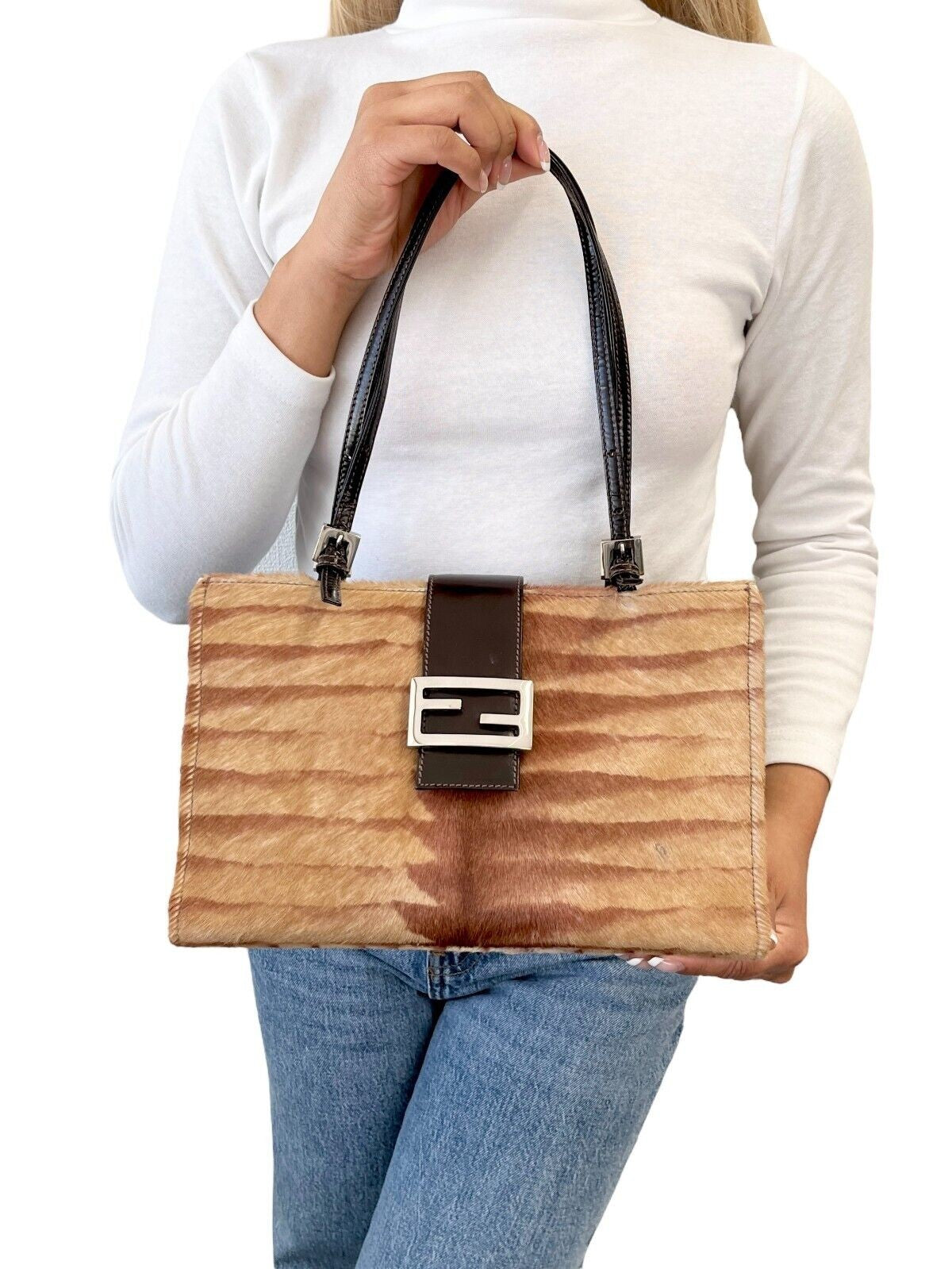 Fendi Vintage FF Logo Calf Hair Shoulder Bag, Brown & Silver
