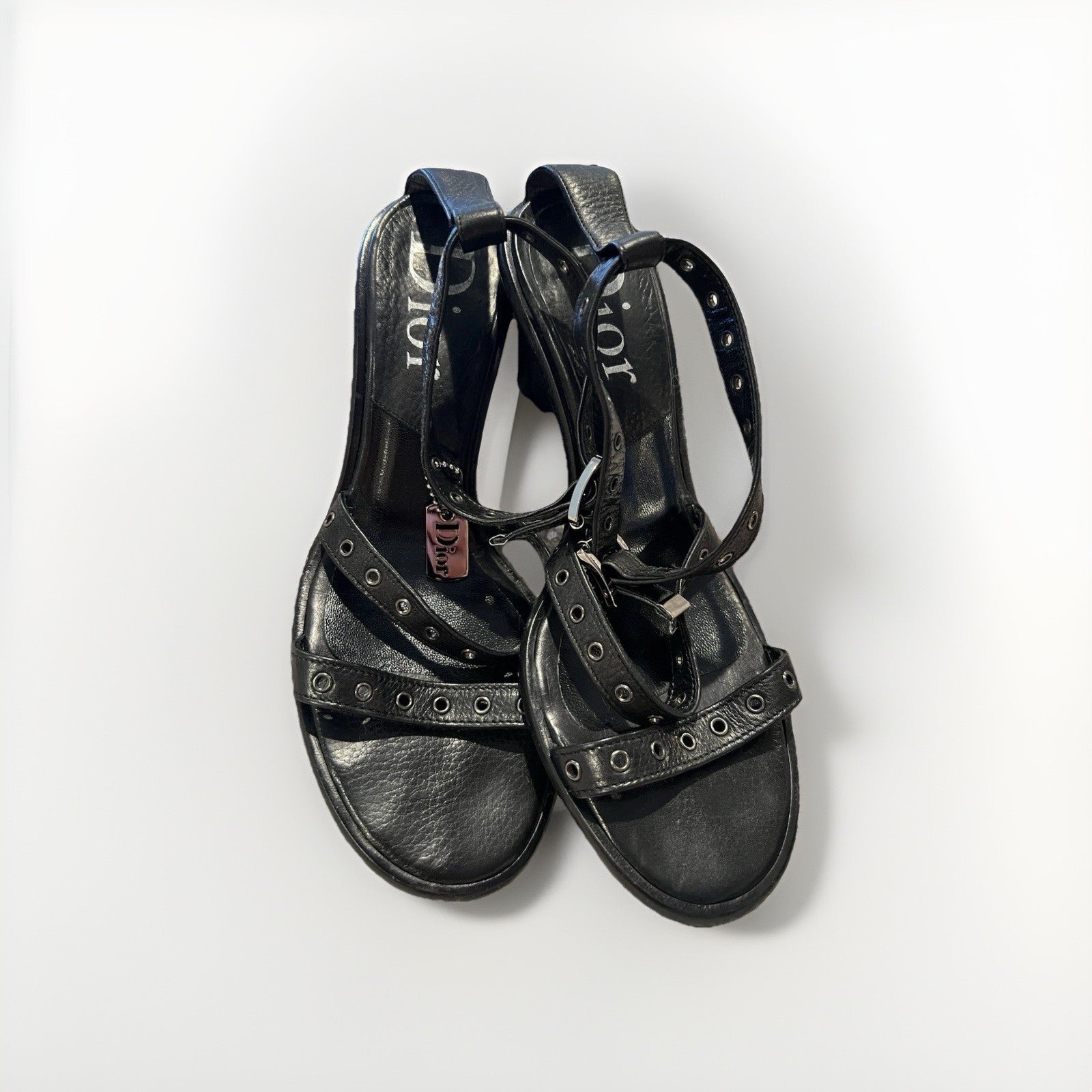Christian Dior Vintage Black Leather Strappy Sandals with Dog Tag Detail