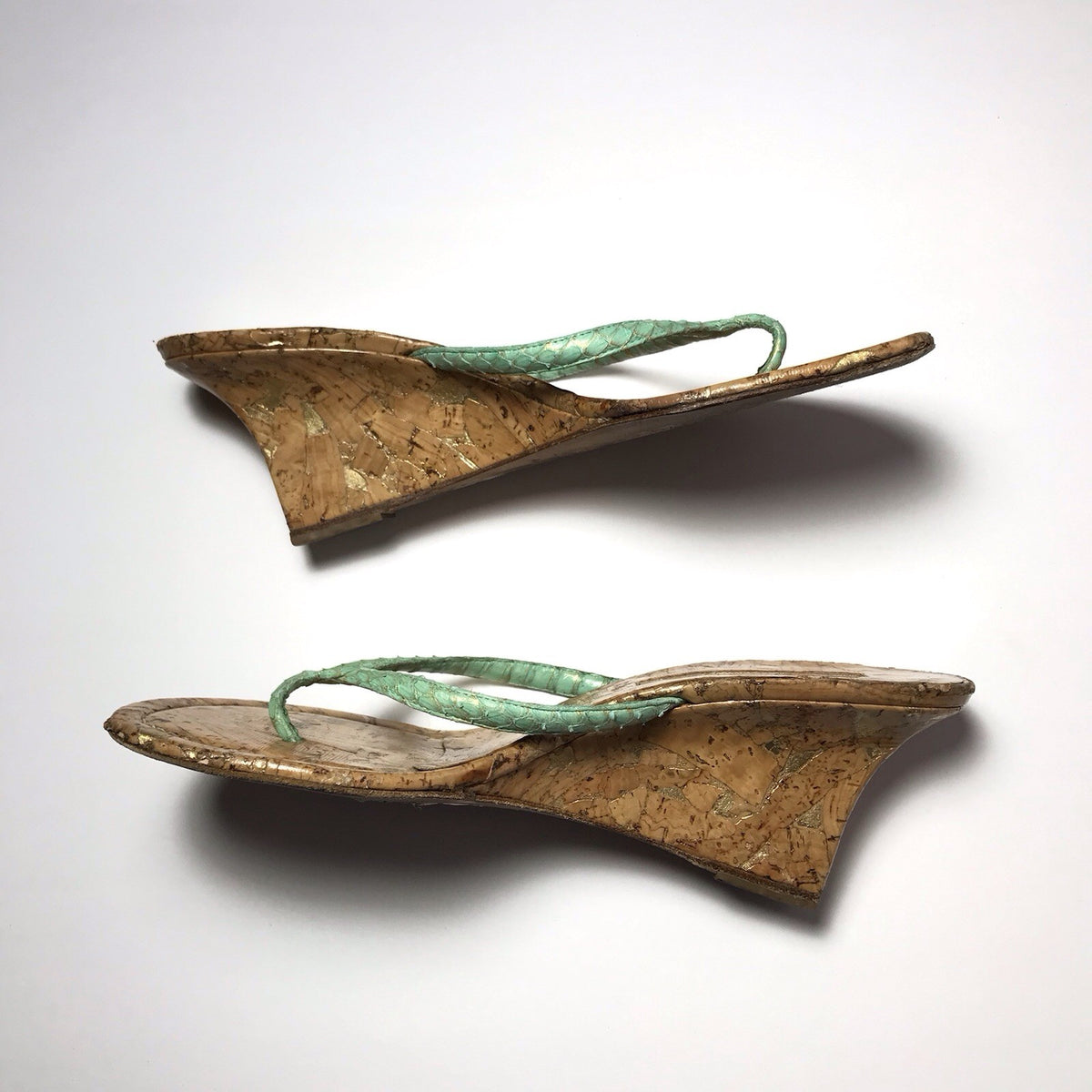 Manolo Blahnik Paterno Green Snake-Print Cork Wedge Sandals