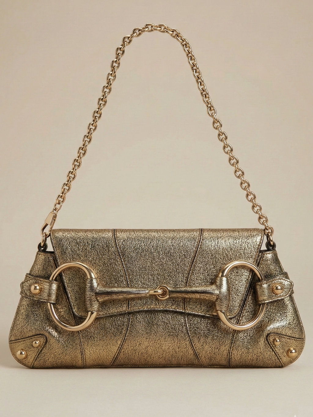 Vintage Gucci Metallic Gold Leather Horsebit Chain Clutch