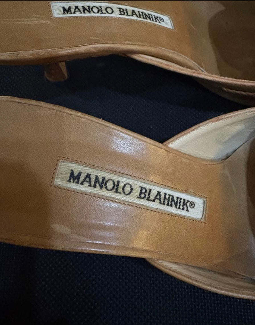 Manolo Blahnik Bow Fringe Pointed Toe Kitten Heel Mules