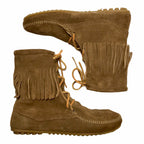 Minnetonka Tramper Fringe Ankle Moccasin Boots, Brown Suede