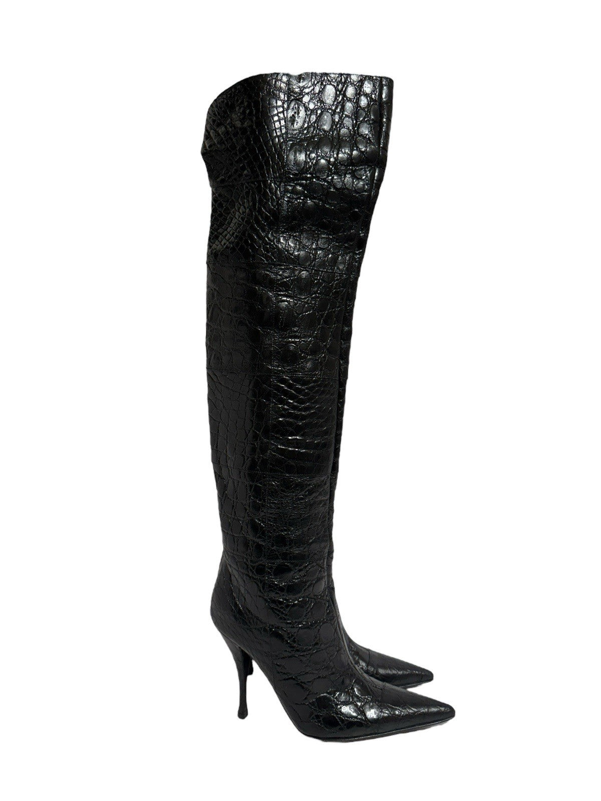Dolce & Gabbana Black Croc-Embossed Over-the-Knee Boots