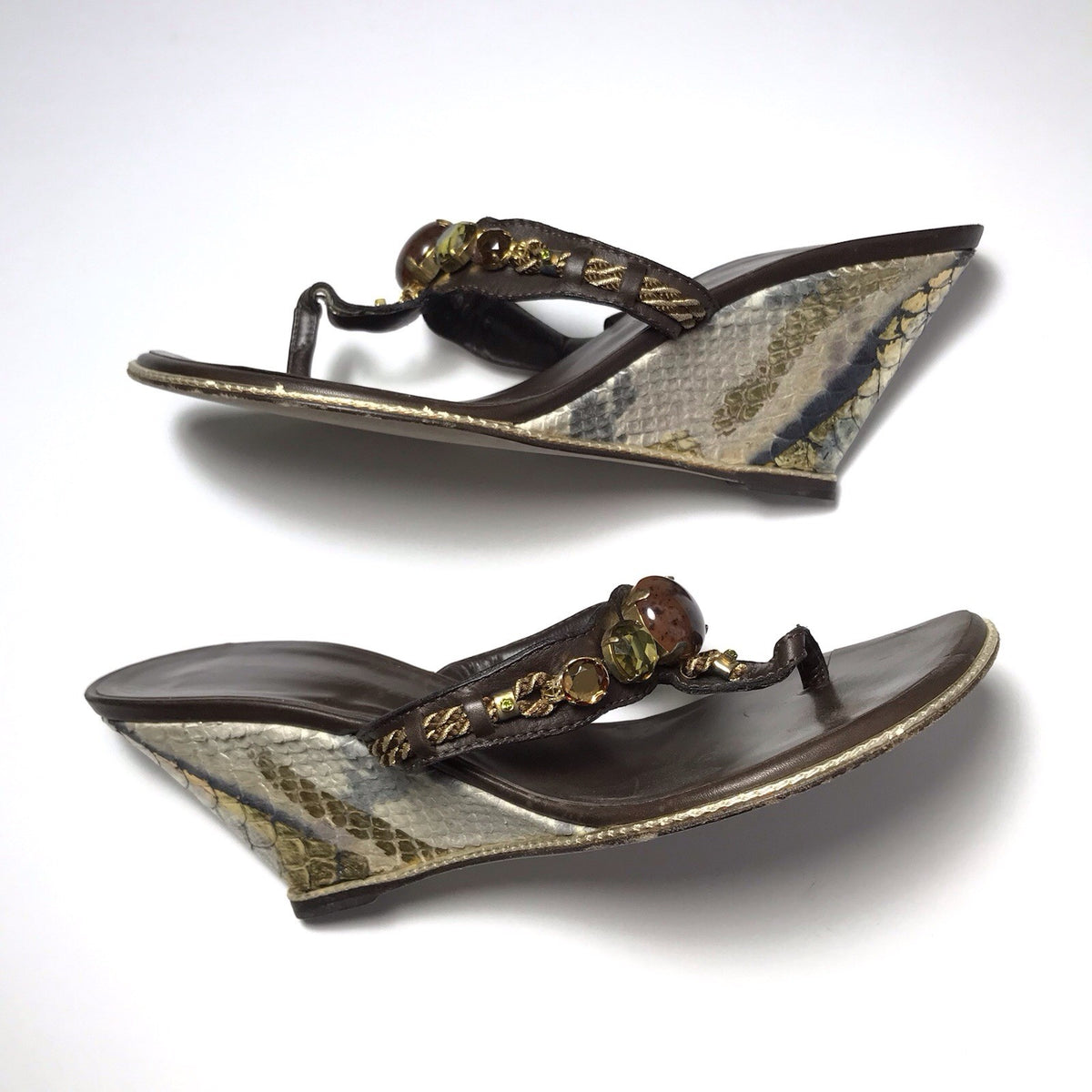 Giuseppe Zanotti Crystal Embellished Snake Wedge Thong Sandals
