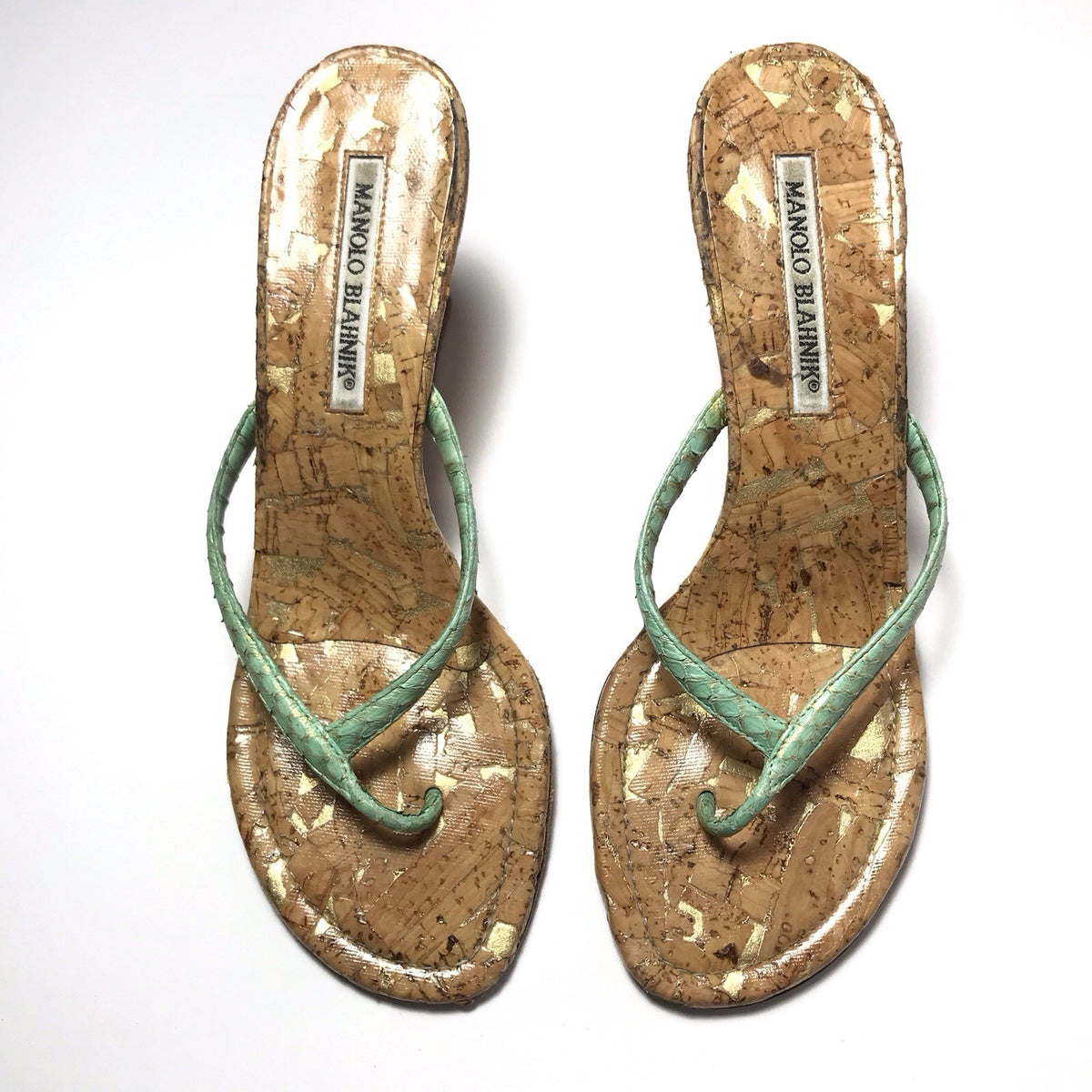 Manolo Blahnik Paterno Green Snake-Print Cork Wedge Sandals