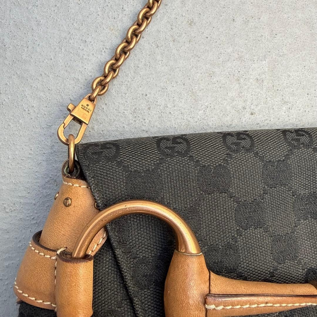 Gucci Tom Ford Era Horsebit GG Canvas Chain Clutch Shoulder Bag, Black & Beige