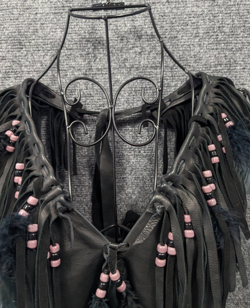 Handmade Black Leather Fringe Halter Top - Beaded Feather Detail