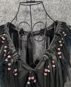 Handmade Black Leather Fringe Halter Top - Beaded Feather Detail