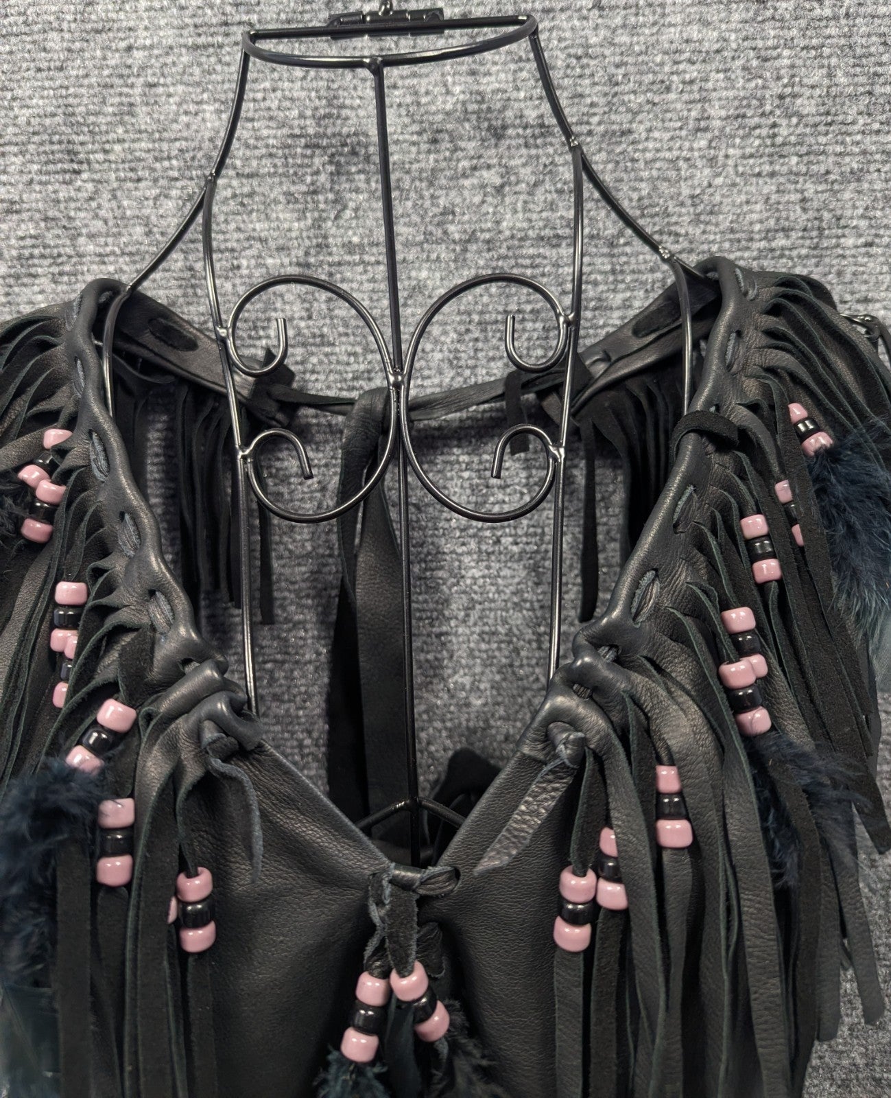 Handmade Black Leather Fringe Halter Top - Beaded Feather Detail