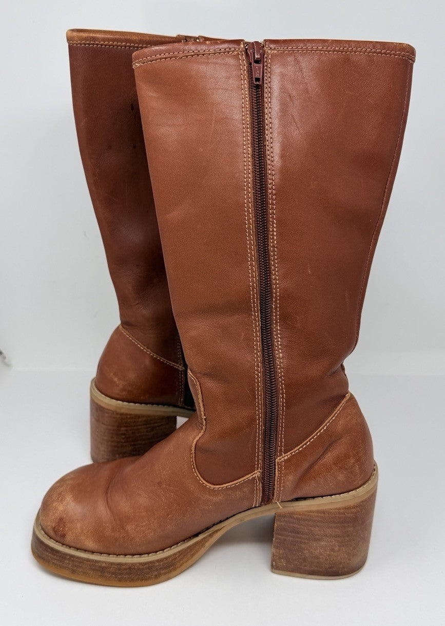 Frye Dorian Brown Leather Chunky Heel Platform Boots