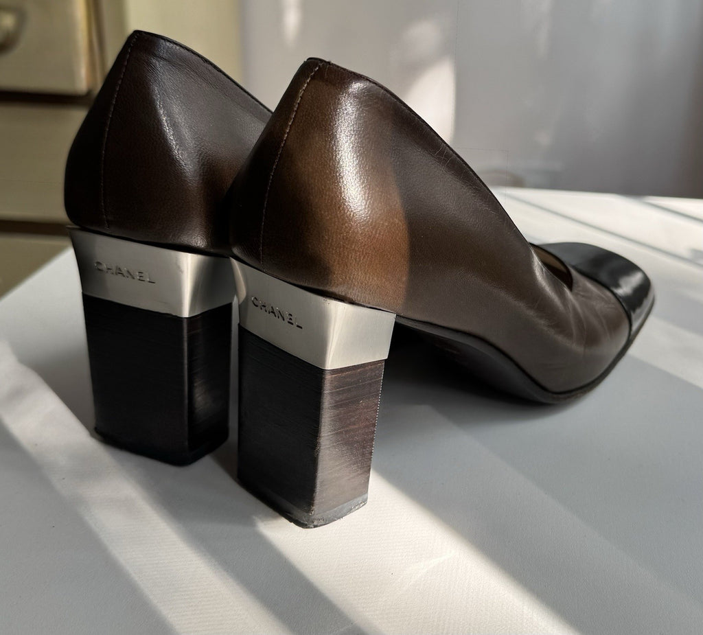Chanel Two-Tone Metallic Silver and Brown Leather Cap Toe Pumps
