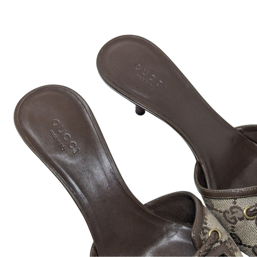 Gucci GG Monogram Square Toe Kitten Heel Mules