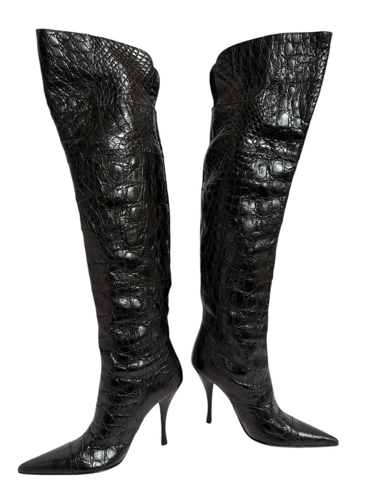 Dolce & Gabbana Black Croc-Embossed Over-the-Knee Boots