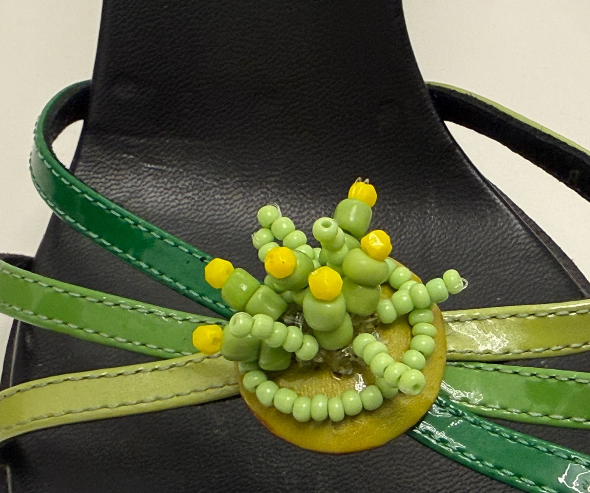 Casadei Vintage Deadstock Green Ombré Beaded Patent Leather Mules
