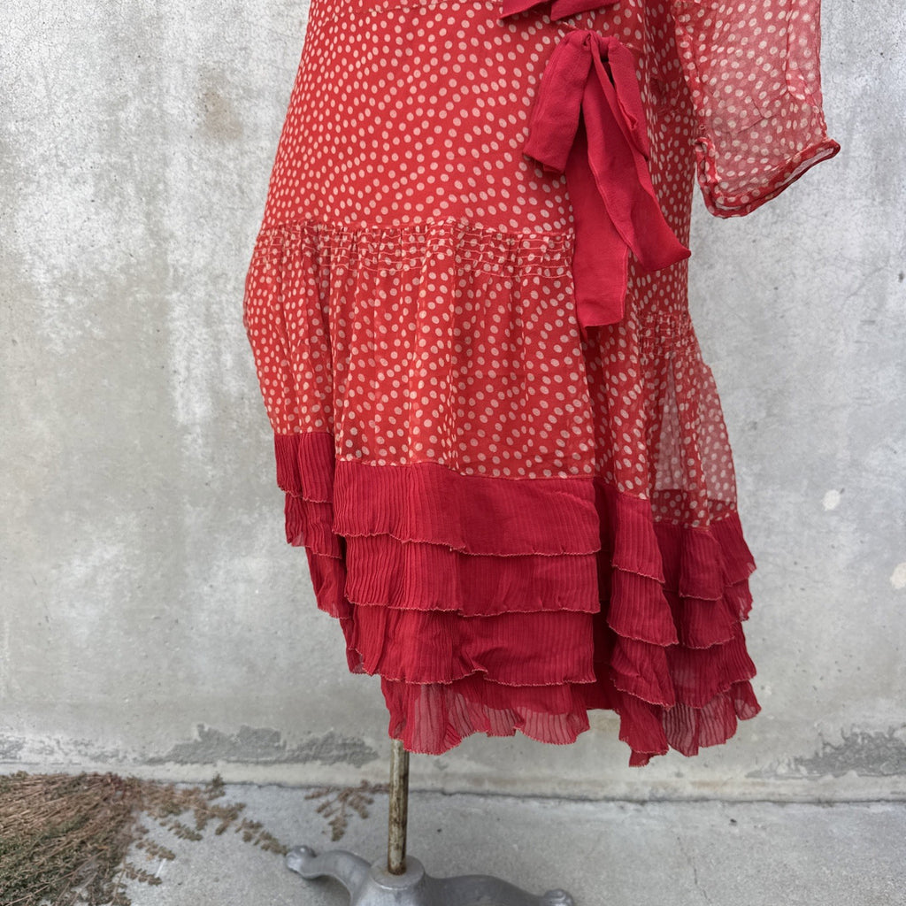 Marjone 1920s Red Silk Chiffon Polka Dot Dress