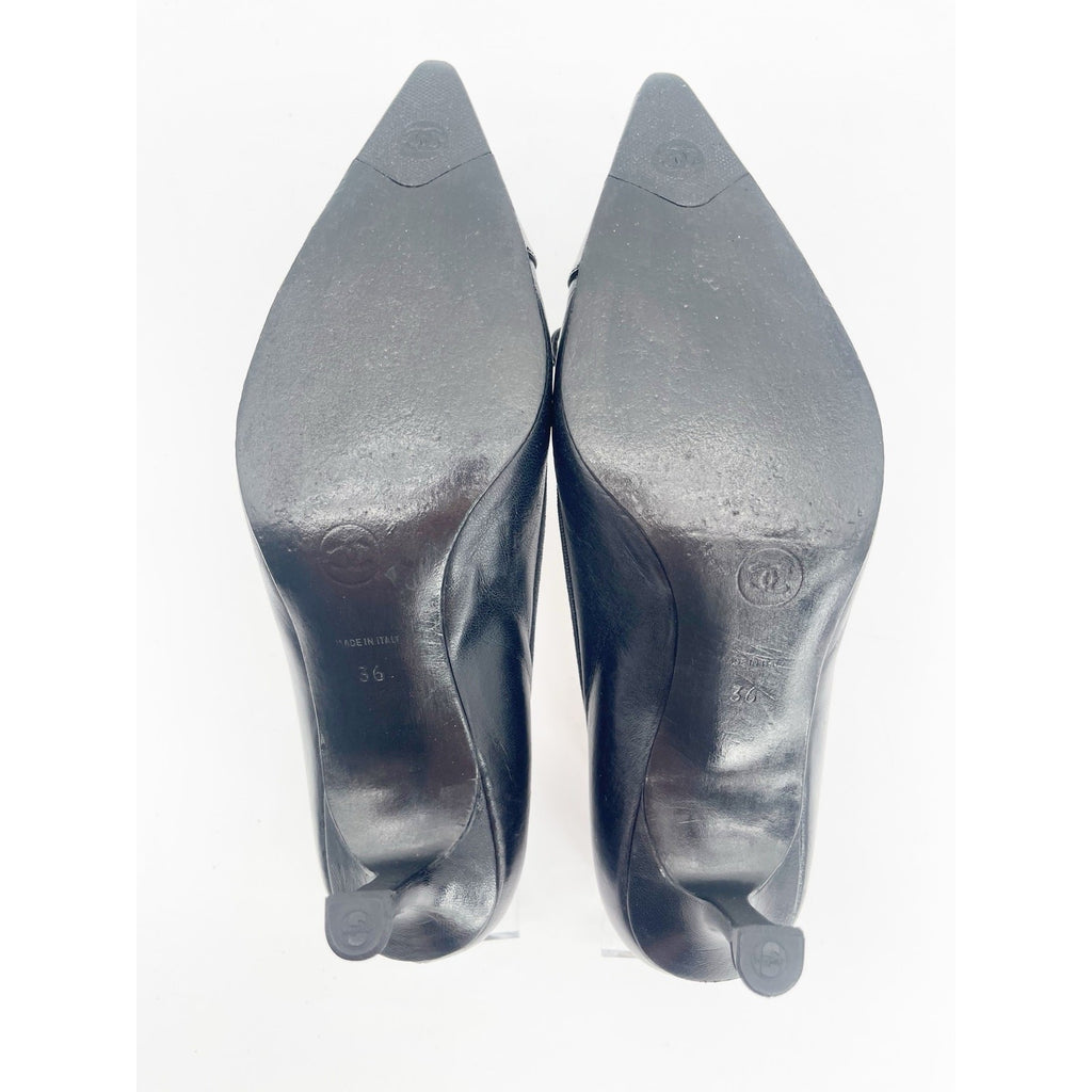 Chanel Vintage Black Patent Leather CC Bow Cap Toe Pumps, EU 36