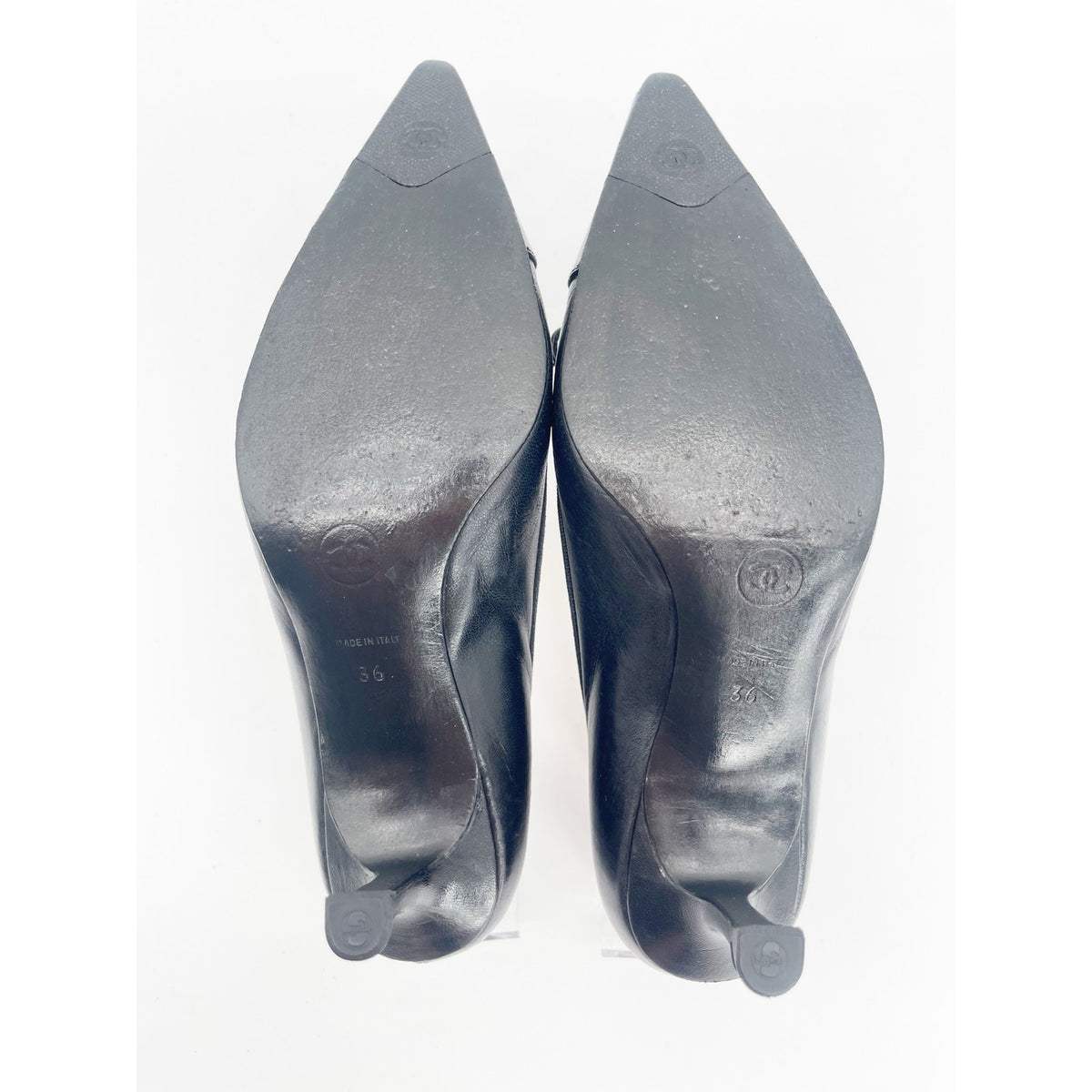 Chanel Vintage Black Patent Leather CC Bow Cap Toe Pumps, EU 36