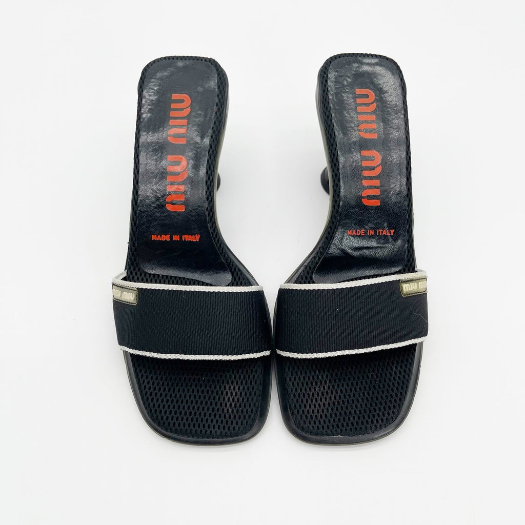 Miu Miu Black Mesh Logo Kitten Heel Mules
