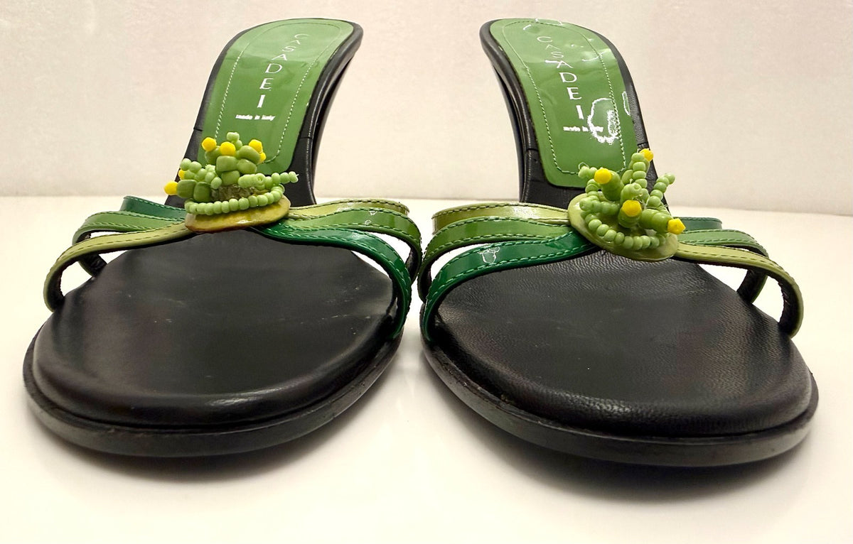 Casadei Vintage Deadstock Green Ombré Beaded Patent Leather Mules