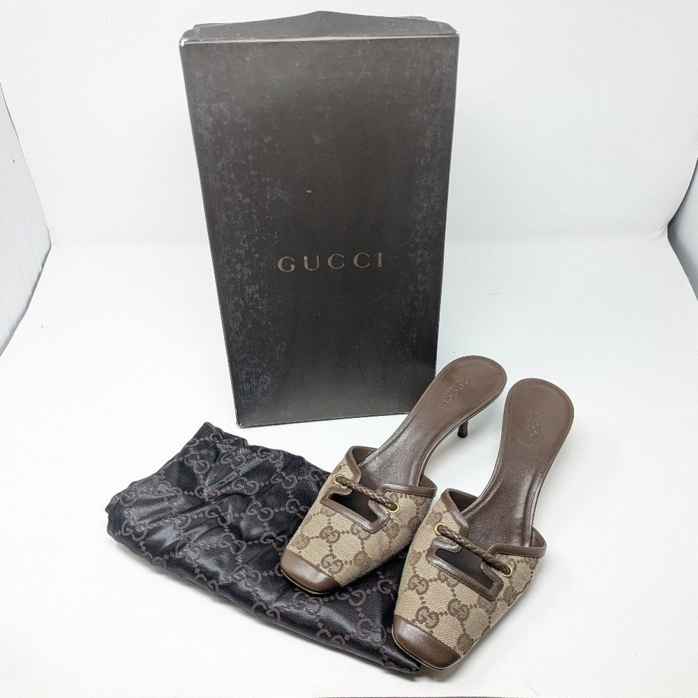 Gucci GG Monogram Square Toe Kitten Heel Mules