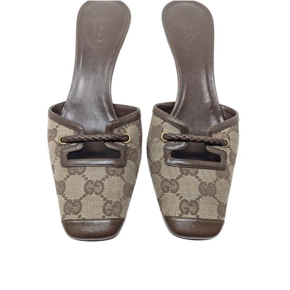 Gucci GG Monogram Square Toe Kitten Heel Mules