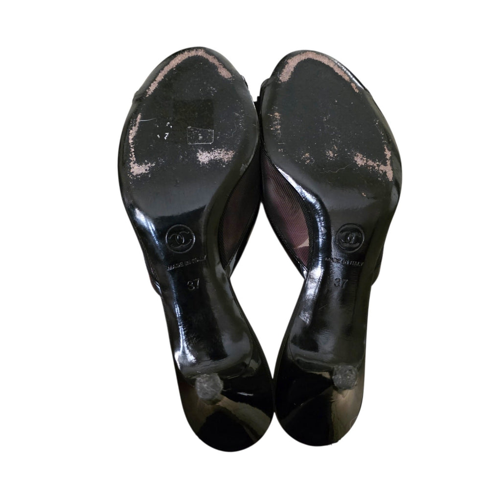 Chanel Mesh Camellia Flower Mules, Black Peep Toe Heels