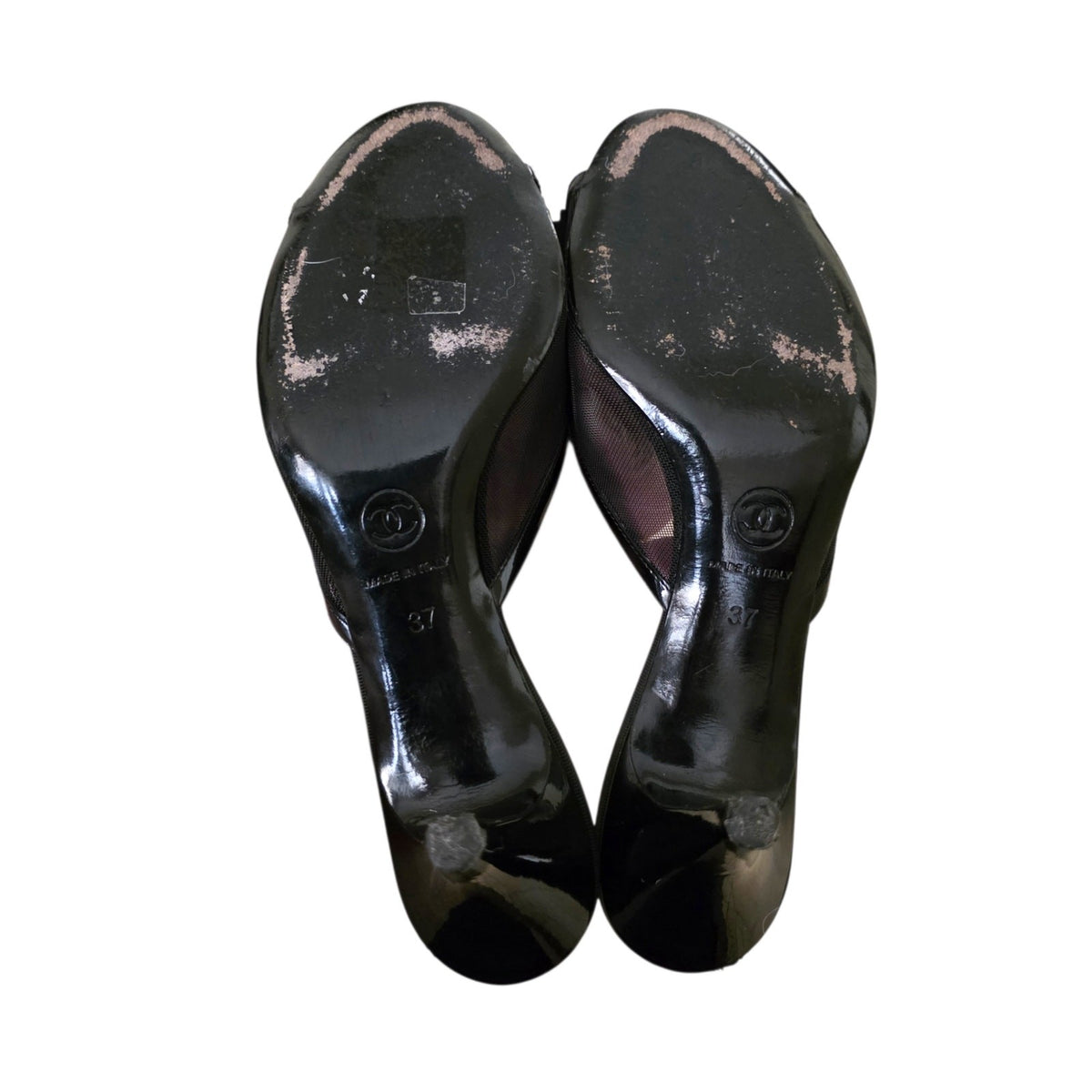 Chanel Mesh Camellia Flower Mules, Black Peep Toe Heels