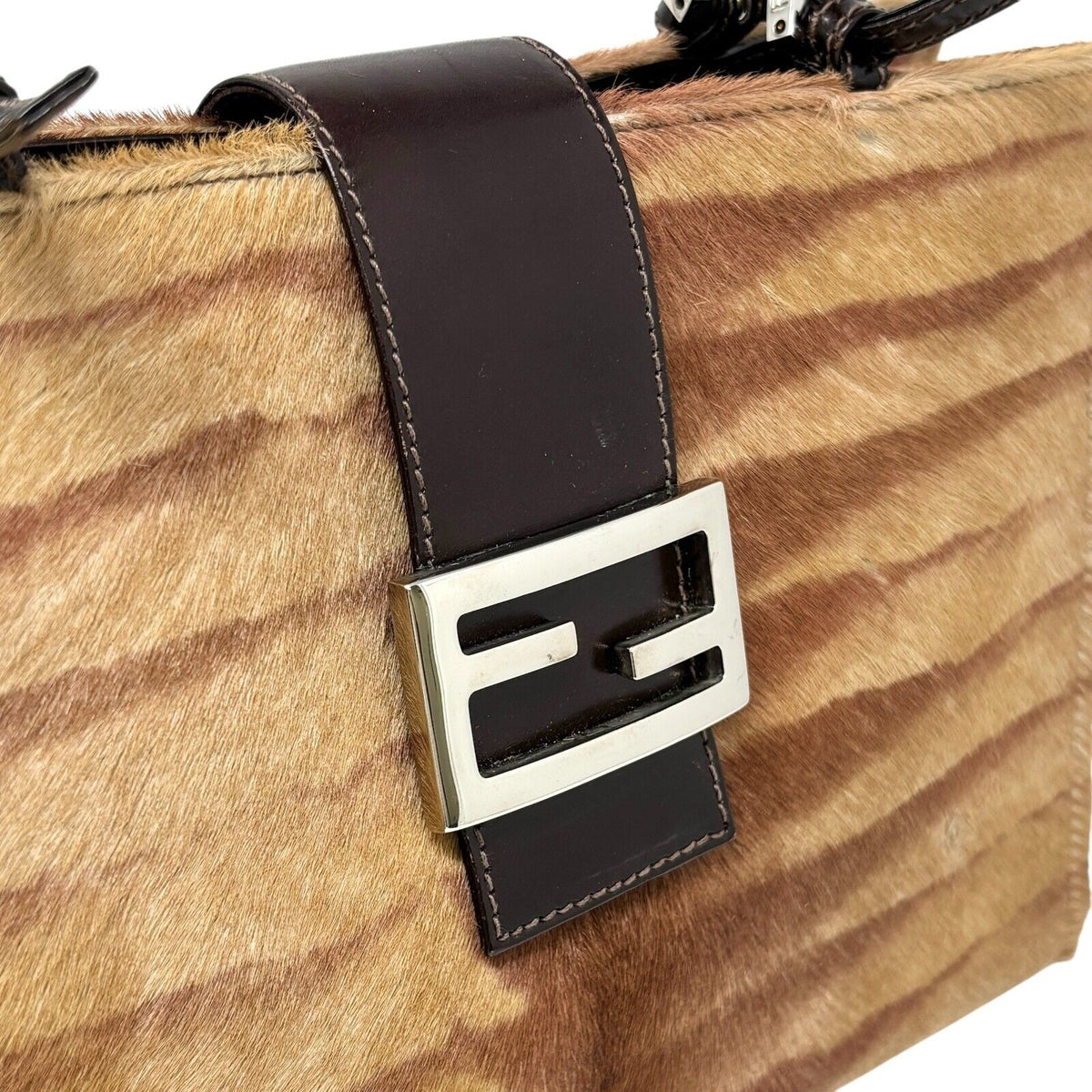 Fendi Vintage FF Logo Calf Hair Shoulder Bag, Brown & Silver