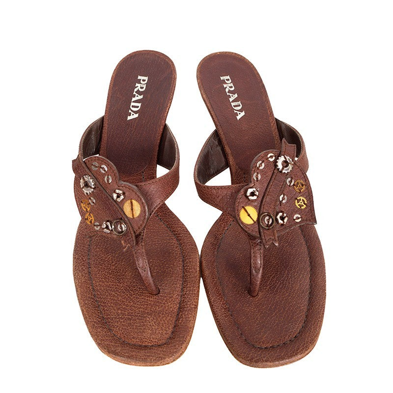 Prada Vintage Brown Grained Leather Heart Accent Kitten Heel Sandals