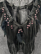 Handmade Black Leather Fringe Halter Top - Beaded Feather Detail