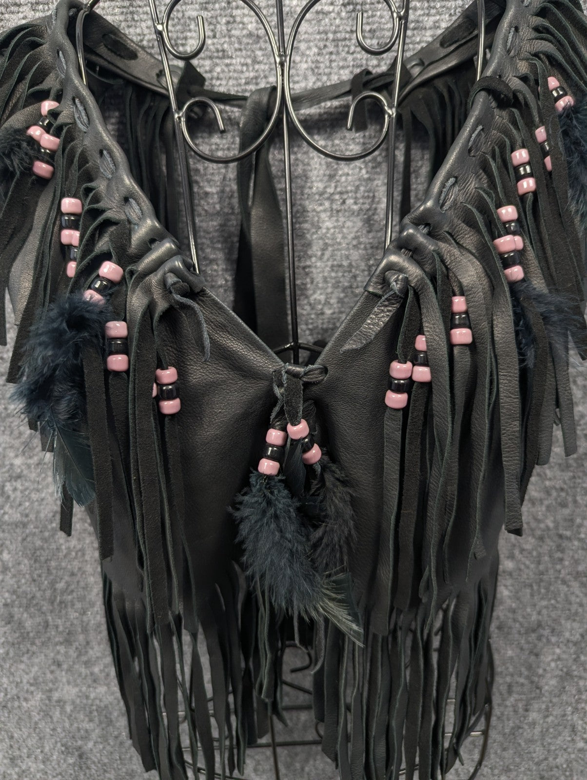 Handmade Black Leather Fringe Halter Top - Beaded Feather Detail