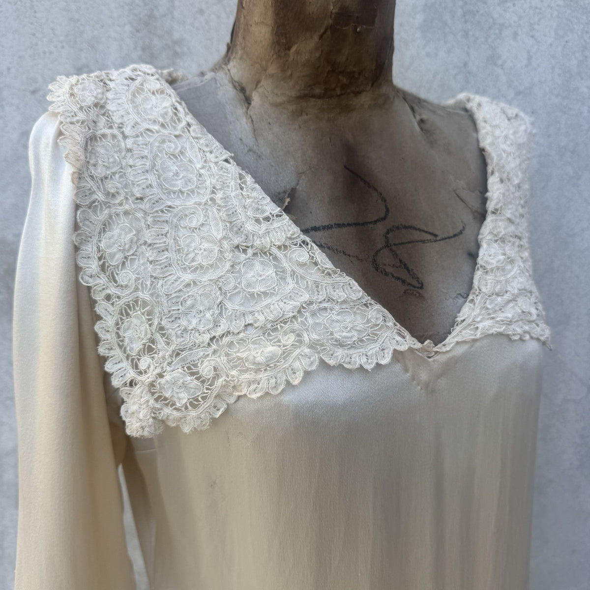1930s Ivory Silk Satin Deco Wedding Gown with Brussels Lace