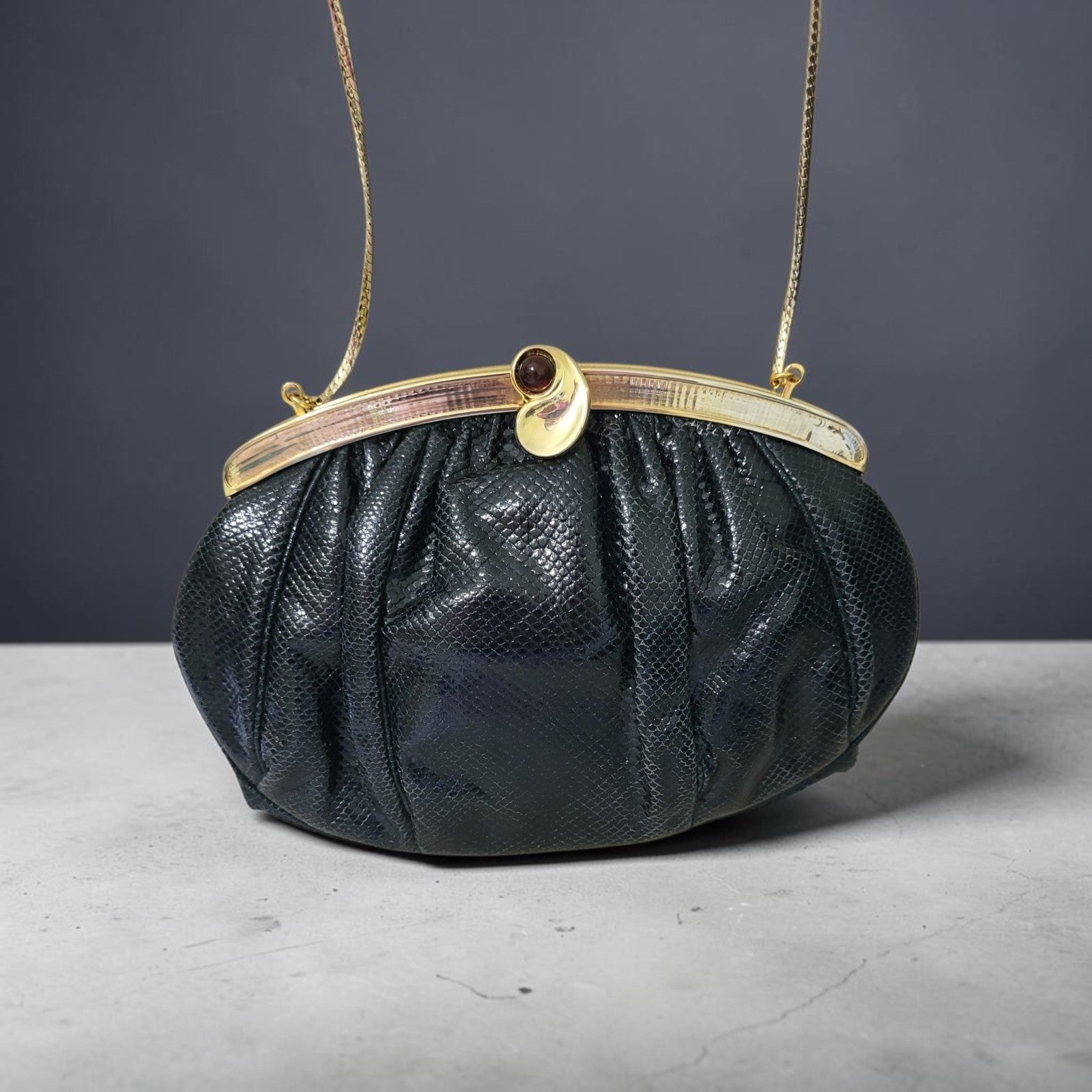 Judith Leiber Black Snakeskin Clutch with Jeweled Clasp