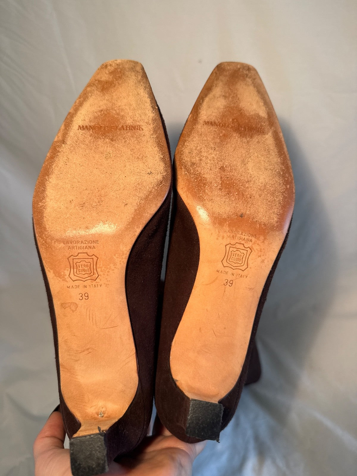 Manolo Blahnik Brown Suede Knee High Boots with Scallop Trim