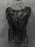 Handmade Black Leather Fringe Halter Top - Beaded Feather Detail
